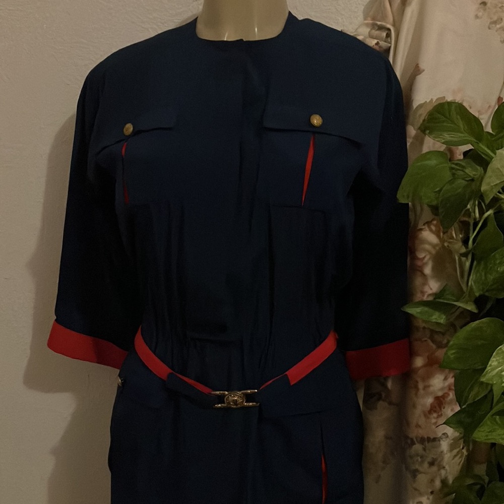 Vintage Dress Leslie Fay Petite Collection Blue with Red Sleeve Cuffs on Pockets
